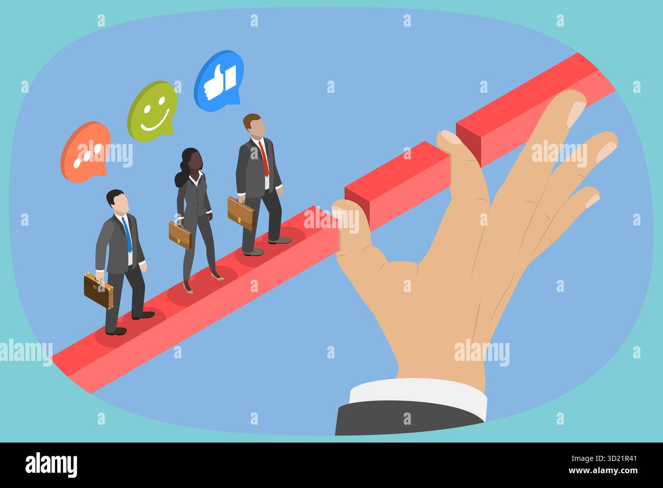 Isometrische 3D-Illustration der Mitarbeiterunterstützung, die zur Karriereentwicklung und zum Erfolg beiträgt Stockfoto