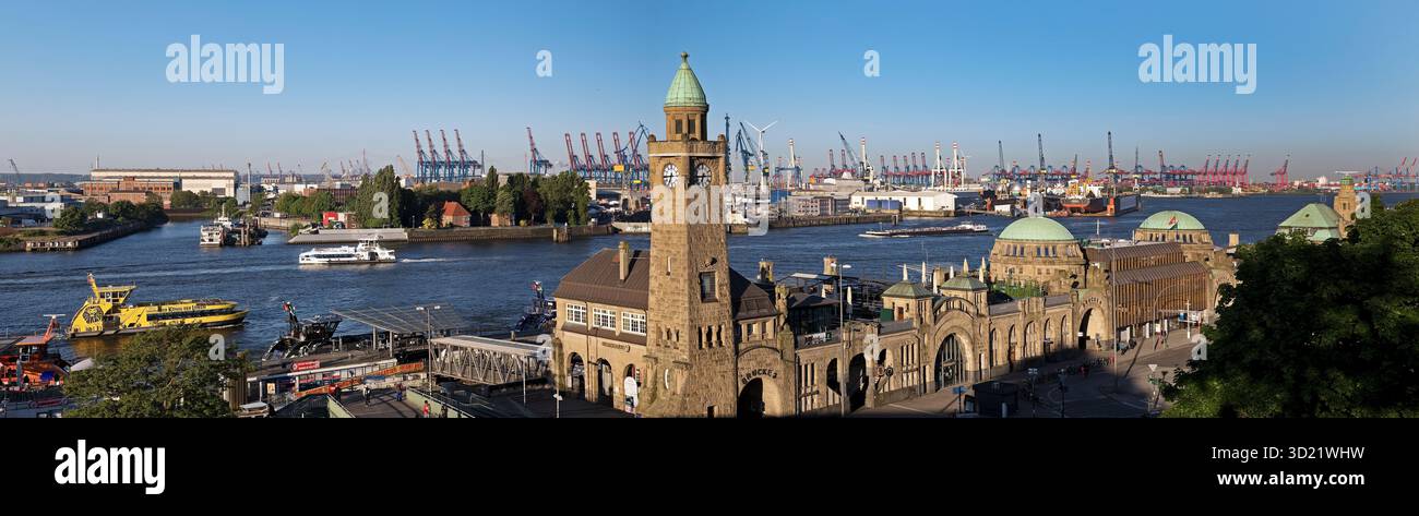 Blick auf die Landschaft von St. Pauli mit Panoramablick auf den Hamburger Hafen, St. Pauli, Hamburg, Deutschland, Europa Stockfoto