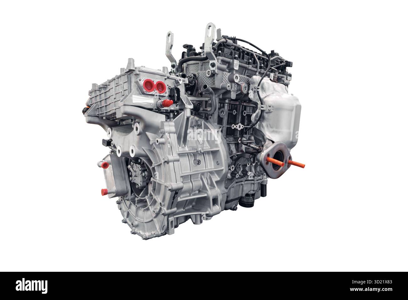 Motorblock für EHV-Autos, Hybrid-Elektrofahrzeuge Motorblock mit integriertem Elektromotor isoliert auf weißem Hintergrund mit Schnittpfad Stockfoto