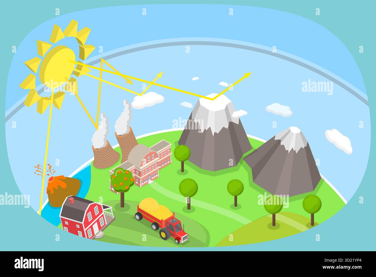 3D Isometrische flache Darstellung der Erzeugung von Treibhausgasen, Klimawandel Stockfoto