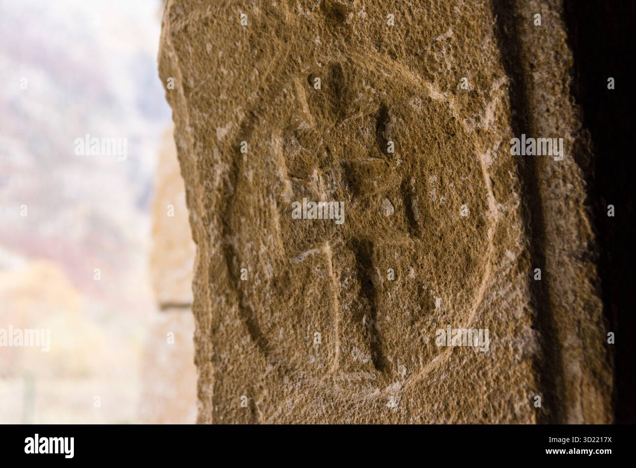 Romanisches Symbol, Eremitage unserer Lieben Frau von Pineta, Pineta Tal, Ordesa und Monte Perdido Nationalpark, Provinz Huesca, ARAG Stockfoto