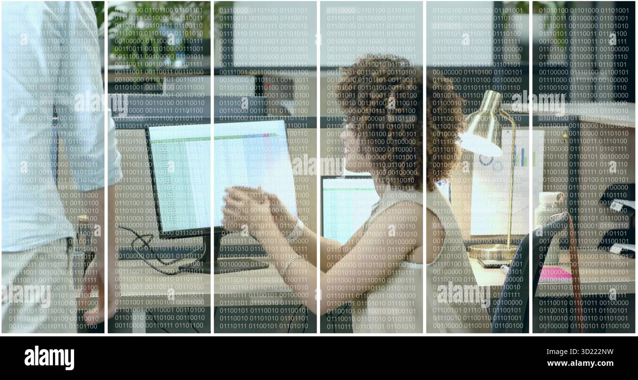 Gesten einer Kollegin, die Tabellenkalkulation auf dem Monitor am Schreibtisch erklärt, während der Mann zusieht Stockfoto