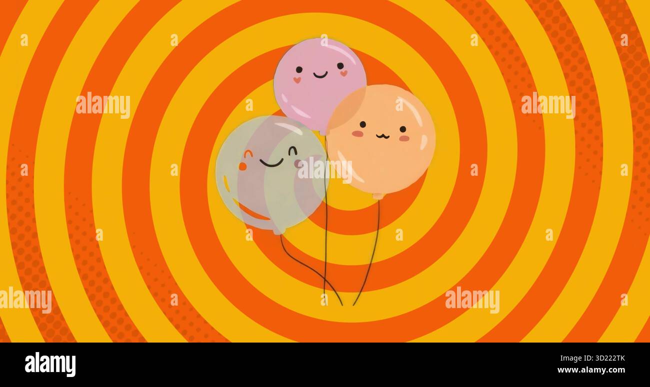 Pastellfarbene Ballons mit Gesichtern auf schwarzen Strängen, die über abwechselnde gelbe orangene Ringe gleiten Stockfoto