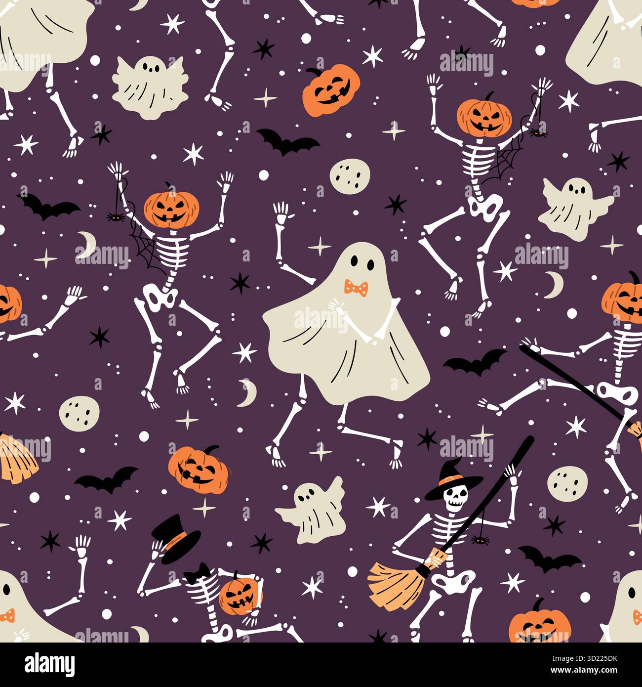 Halloween-Hintergrund. Tanzende Geister und Skelette mit Kürbisköpfen. Hexenknochen. Nachtsterne und Mond. Wiederholter Druck. Oktoberferien. Gotisch Stock Vektor
