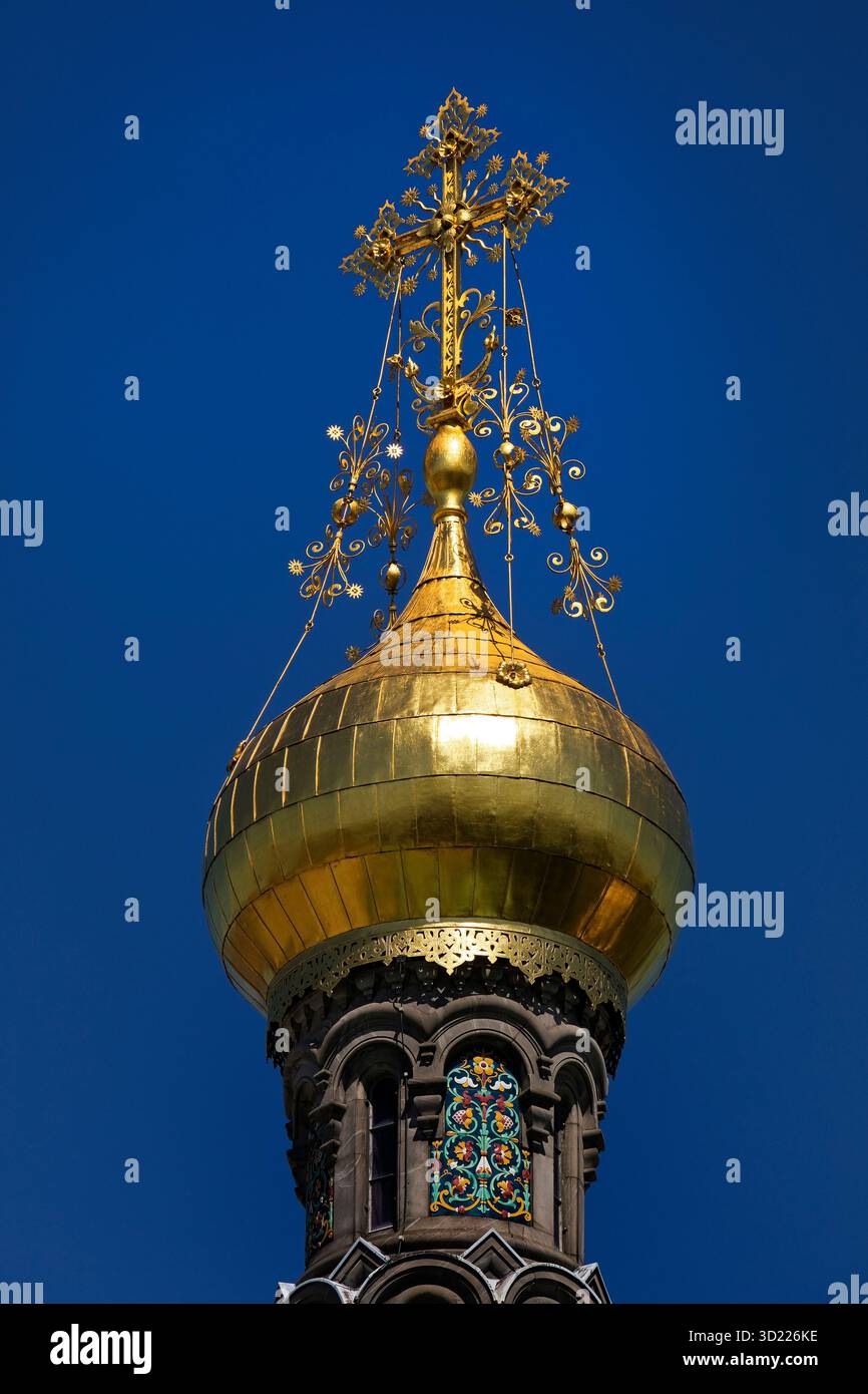 Vergoldete Kuppel der Russischen Kapelle, Mathildenhoehe, Darmstadt, Hessen, Deutschland, Europa Stockfoto