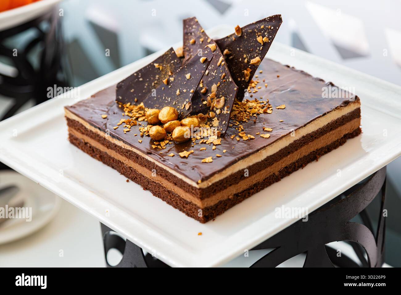 Haselnusskuchen aus dunkler Schokolade mit Haselnusscreme und Schokoladenganache Stockfoto