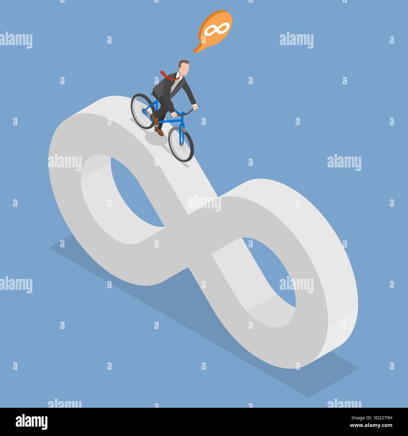 3D Isometrisches flaches Set von Business Cycle, Geschäftsmann Radfahren auf dem Endless Infinity Loop Trail Stockfoto