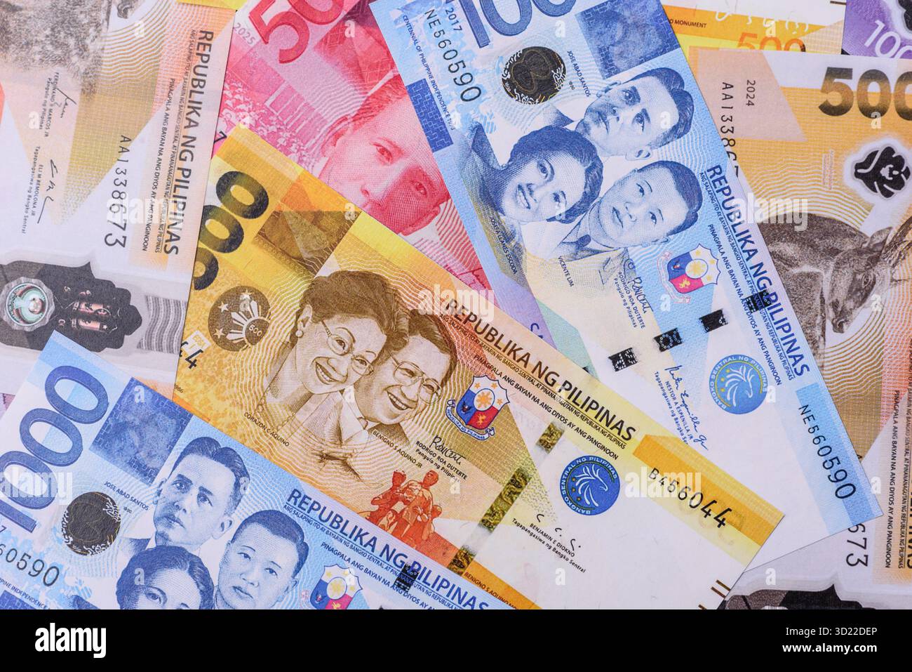 Philippinisches Geld, Peso, Papierscheine, Bargeld. Philippinisches Geld für Geschäfte Stockfoto