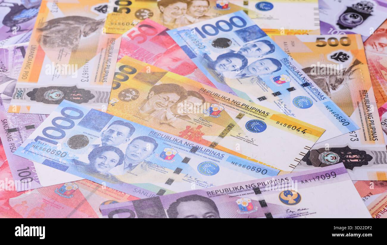 Philippinisches Geld, Peso, Papierscheine, Bargeld. Philippinisches Geld für Geschäfte Stockfoto