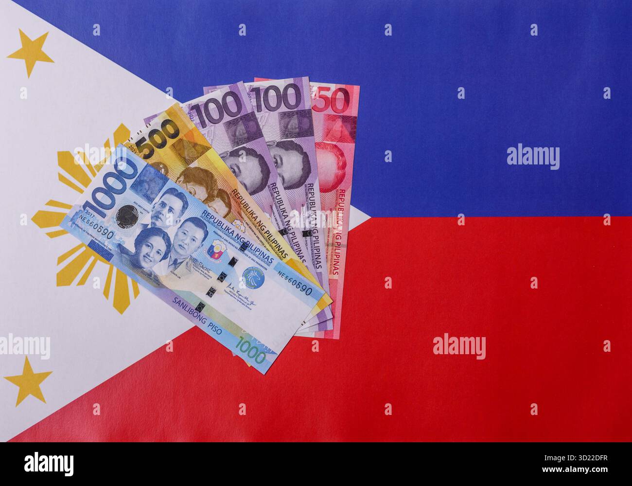 Philippinisches Geld, Peso, Papierscheine, Bargeld. Philippinisches Geld für Geschäfte Stockfoto