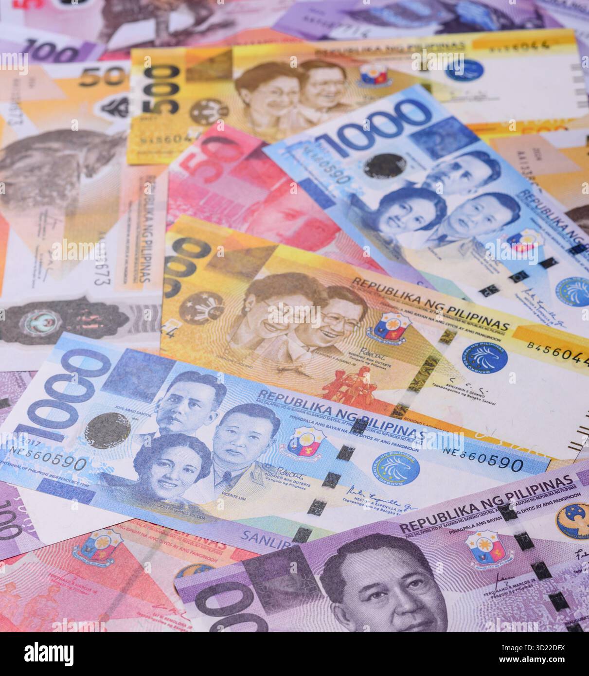 Philippinisches Geld, Peso, Papierscheine, Bargeld. Philippinisches Geld für Geschäfte Stockfoto