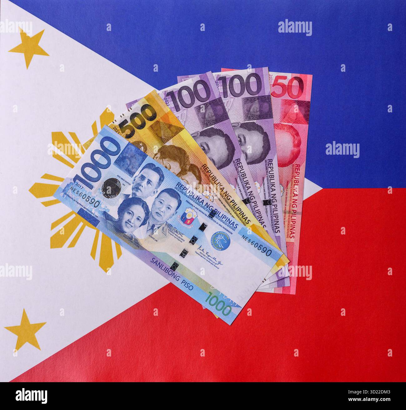 Philippinisches Geld, Peso, Papierscheine, Bargeld. Philippinisches Geld für Geschäfte Stockfoto