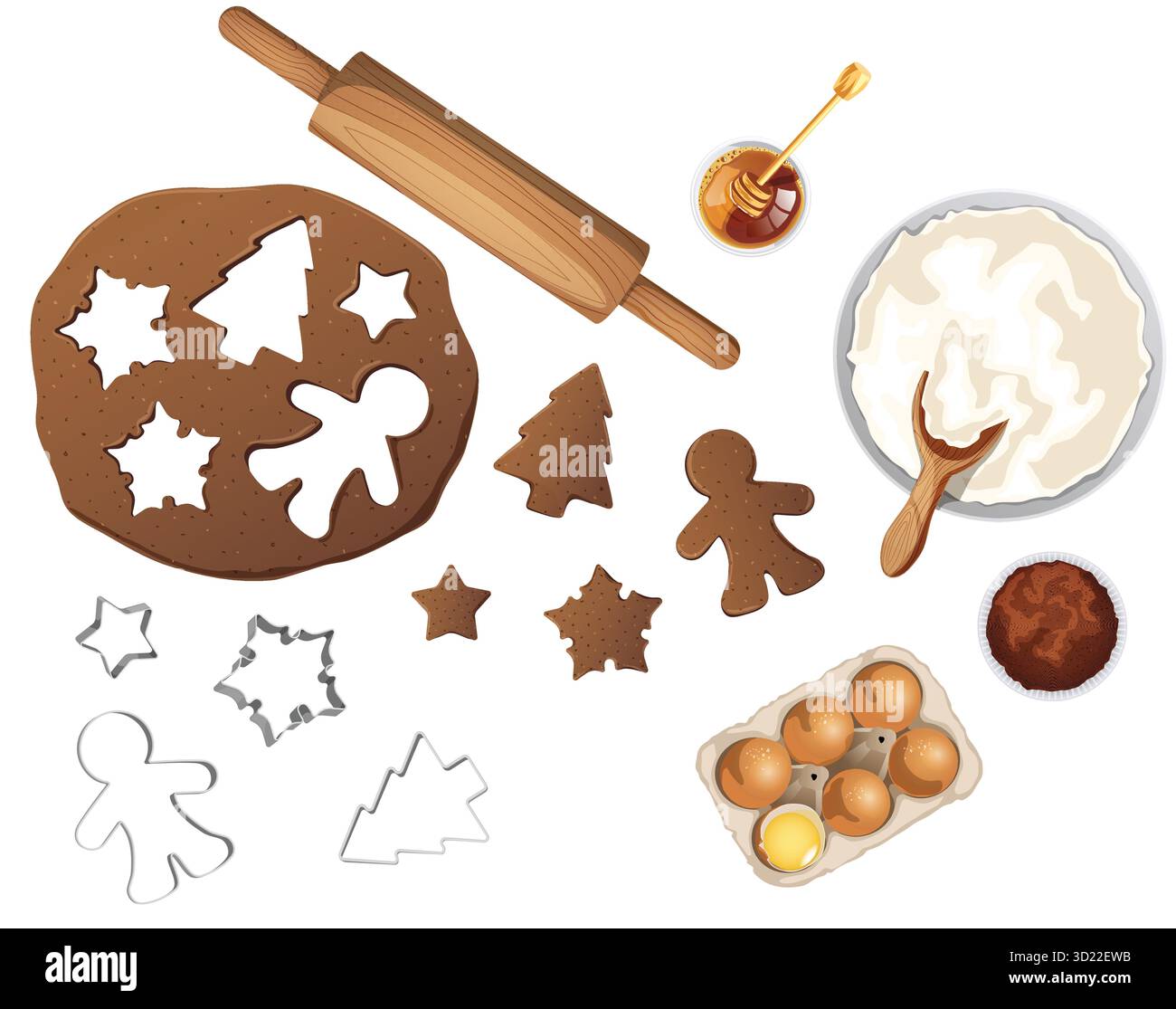 Lebkuchen Cookie Backzutaten und Utensilien Set isoliert mit Teig, Ausstecher, Mehl, Eier, Kakaopulver, Honig- und Nudelrollenflachlage Stock Vektor