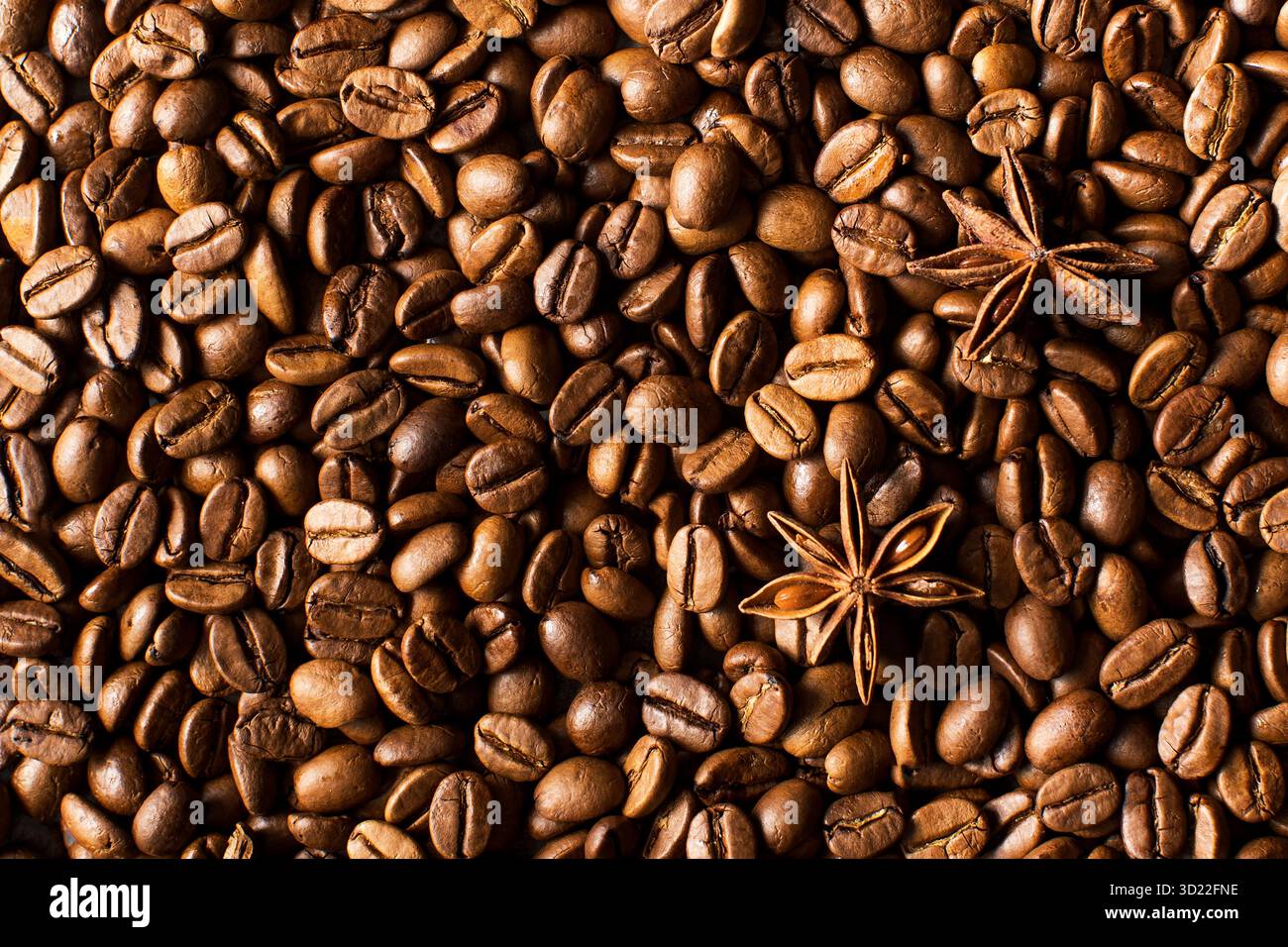 Hintergrund von gerösteten Kaffeebohnen im Vollformat und Sternanise. Stockfoto