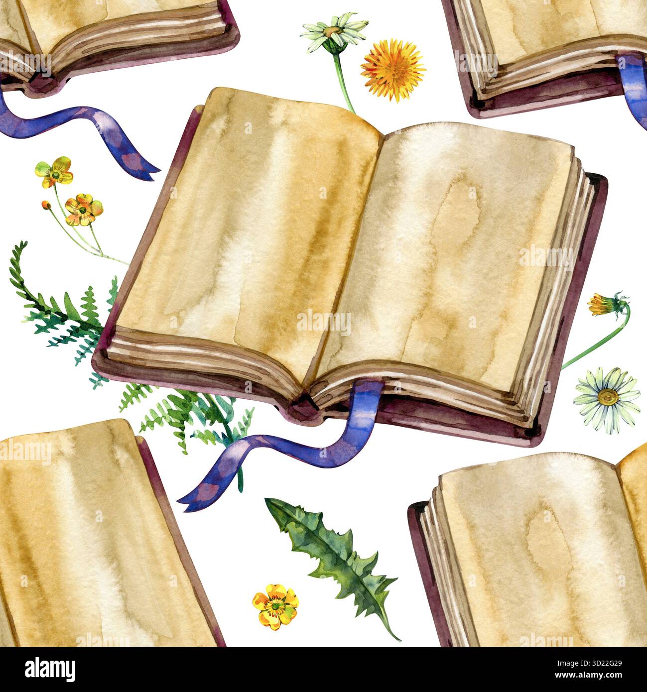Nahtloses Aquarellmuster mit Vintage-Büchern, Wildblumen, Löwenzahn und Farnblättern, botanischem Walddesign, handgemalter wiederkehrender Hintergrund Stockfoto