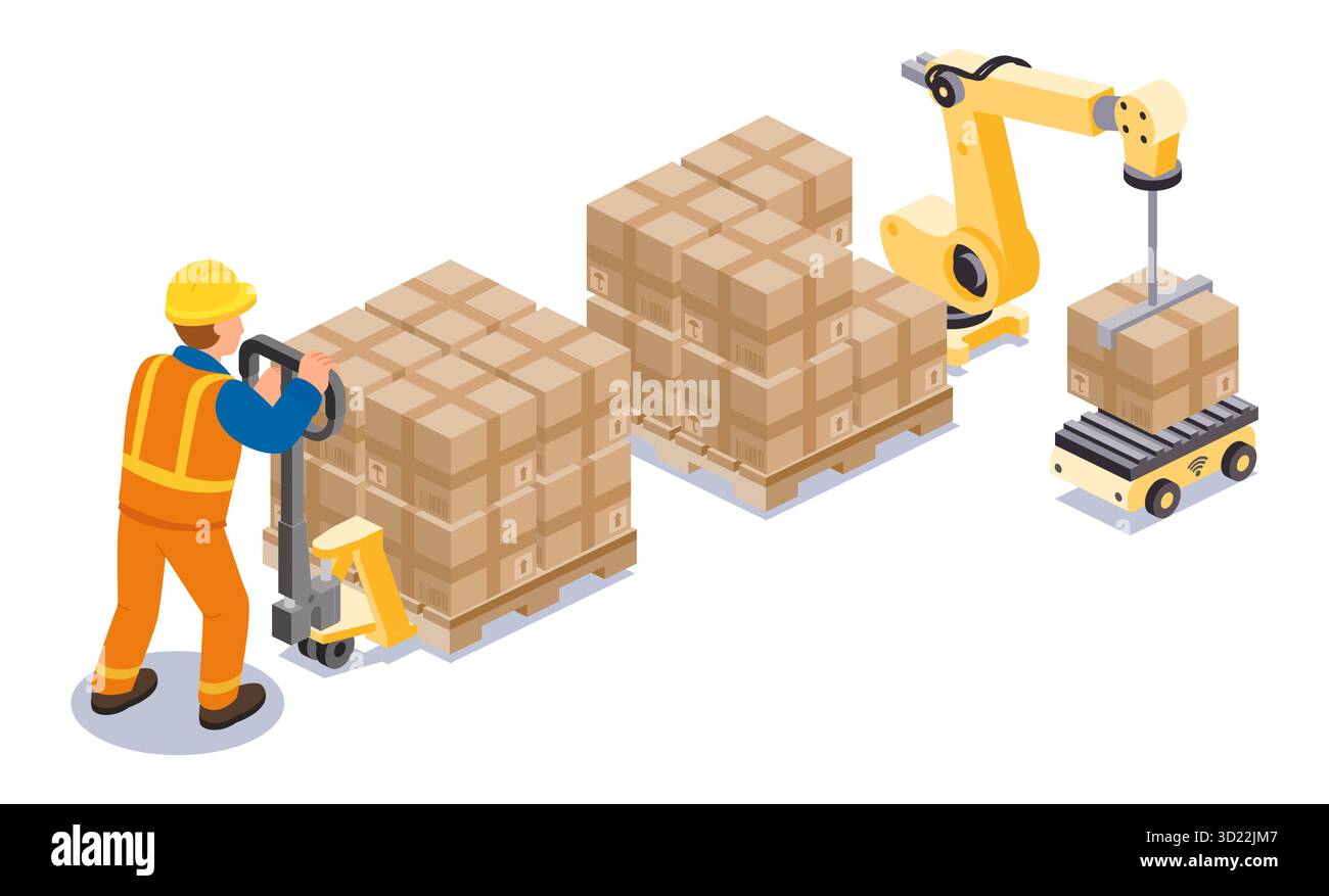 Isometrischer Arbeiter in orangefarbener Uniform mit Palettenhubwagen und Roboterarm im Lager. Konzept für Automatisierung, Logistik und Frachtumschlag. Stock Vektor