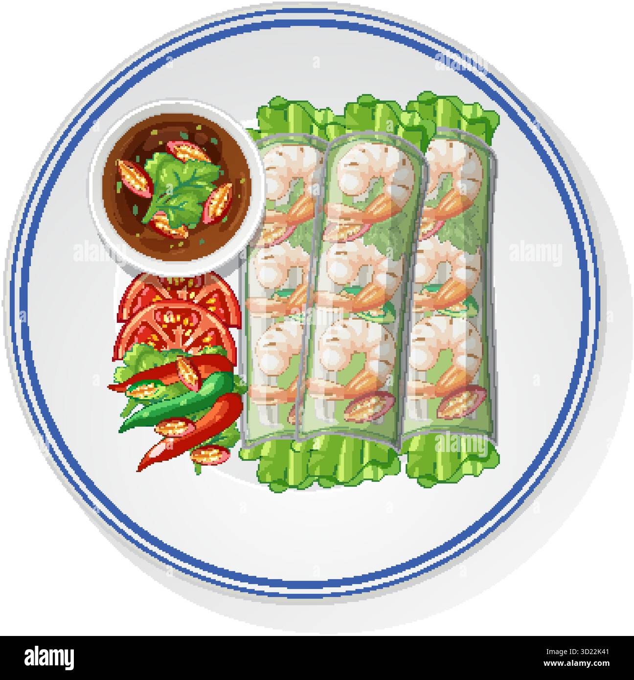 Vektor-Illustration von Garnelen Frühlingsrollen, frischem Gemüse und Dippsoße auf weißer Platte Stock Vektor