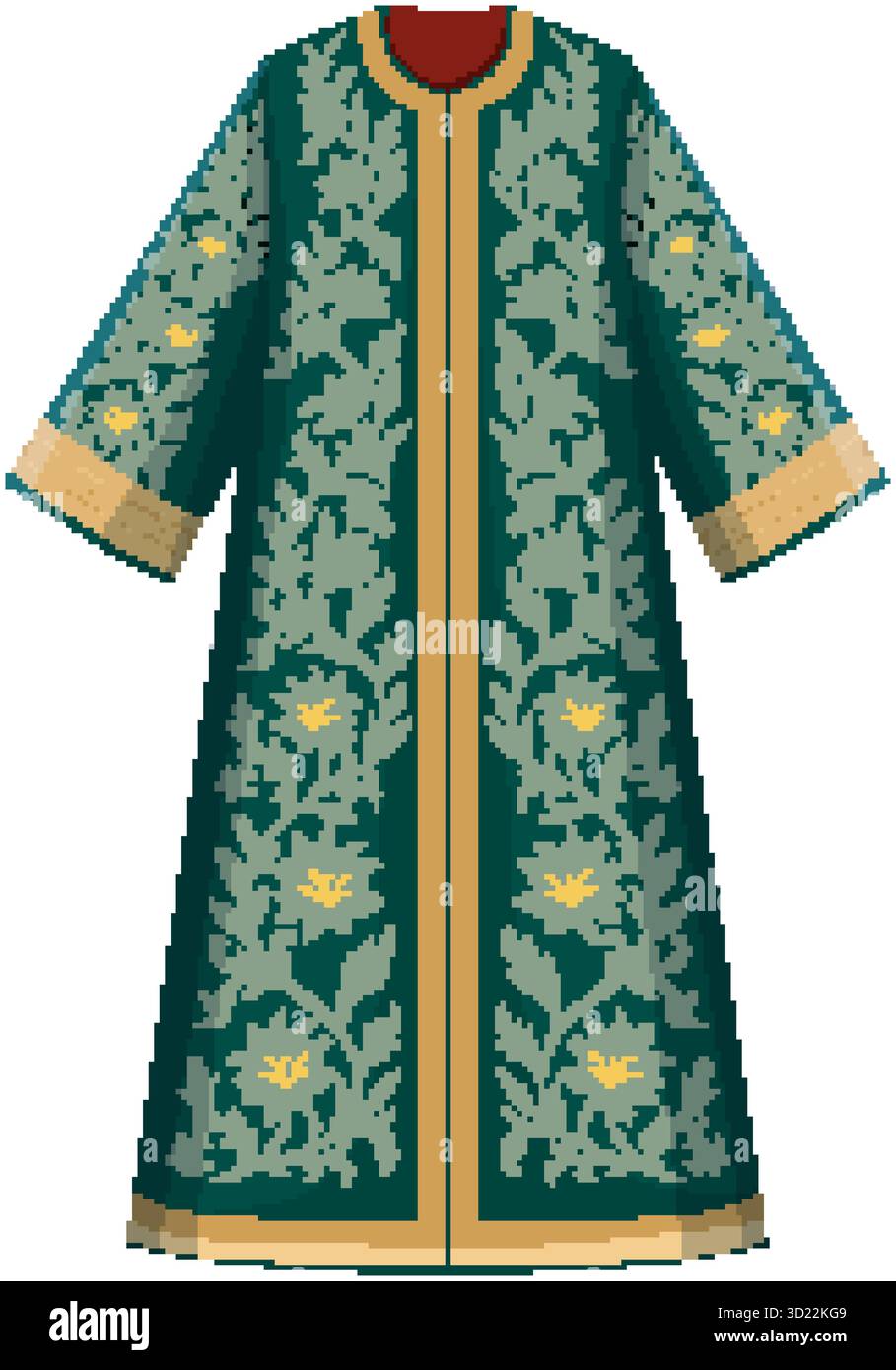 Grüner osmanischer Kaftan mit komplizierten Blumenmustern, goldenen Akzenten, symmetrischer Vorderansicht, Vektorstil Stock Vektor