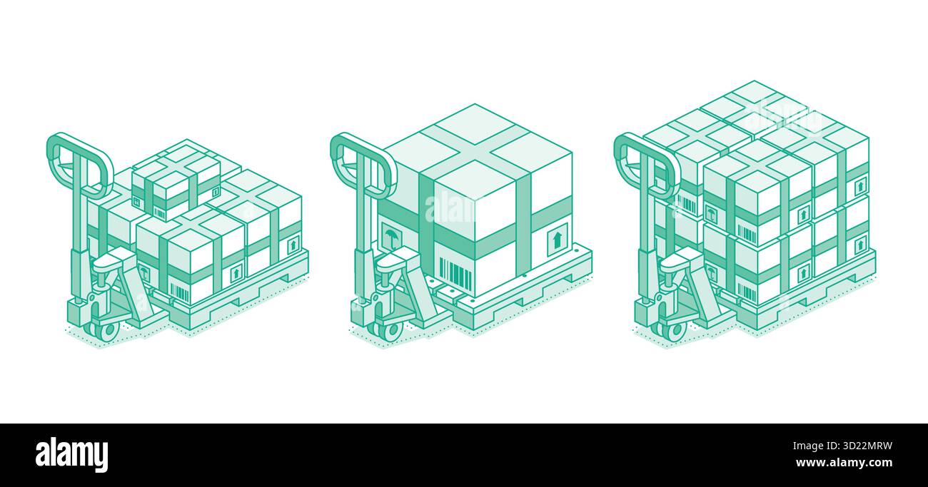 Isometrischer Palettenhubwagen mit gestapelten Kisten auf Paletten. Lagerlogistik, Frachtzustellung und Lagerkonzept. Vektorabbildung. Stock Vektor