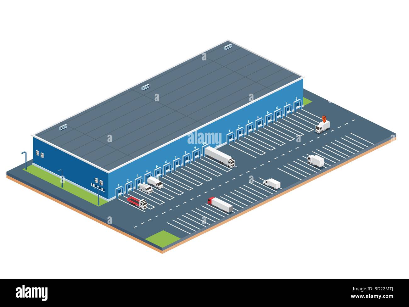 Isometrisches Logistikzentrum mit Lkw und Lieferwagen. Konzept für Lager, Frachttransport und Frachtmanagement. Vektorabbildung Stock Vektor