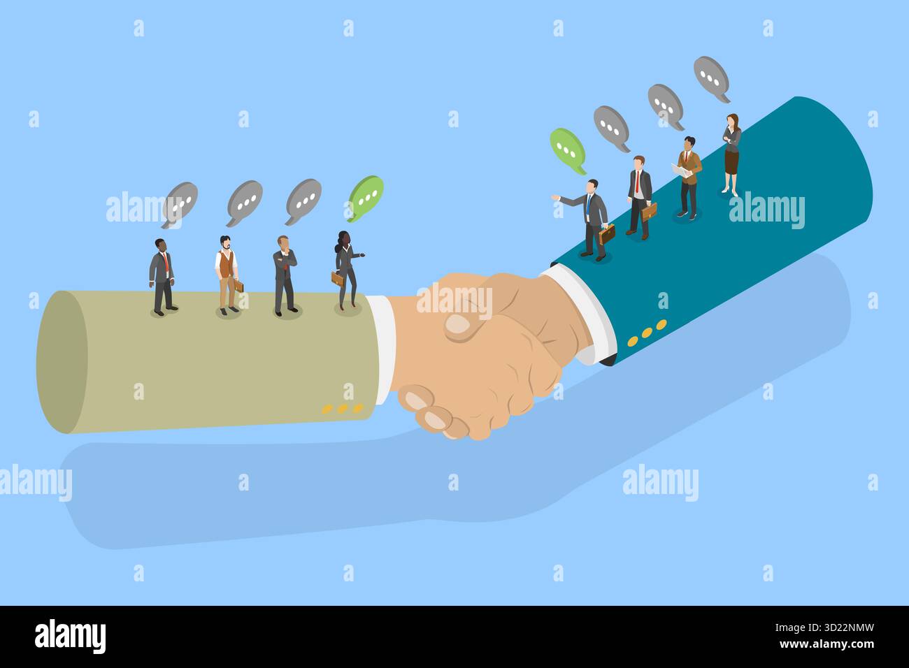 3D Isometrische flache Darstellung von Unternehmenskooperationen, strategischer Partnerschaftsansatz Stockfoto