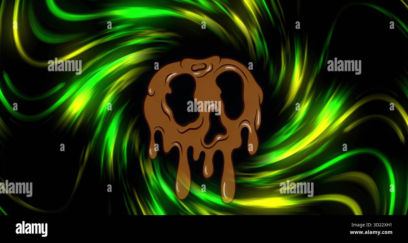 Verwinkelte Neongrün- und Gelbstrahlen, die über schwarzen Hintergrund schweben, mit geschmolzener Skull-Silhouette Stockfoto