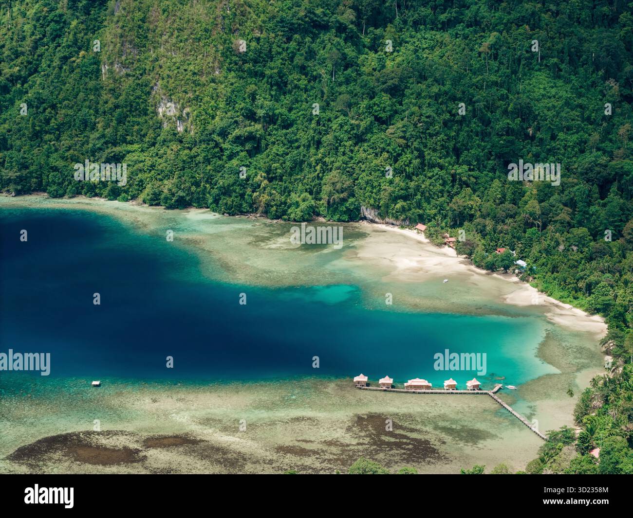Blick aus der Vogelperspektive auf eine üppig grüne Dschungelküste mit türkisfarbenem Wasser und Bungalows über dem Wasser. Saleman Village, Seram Island, Indonesien Stockfoto