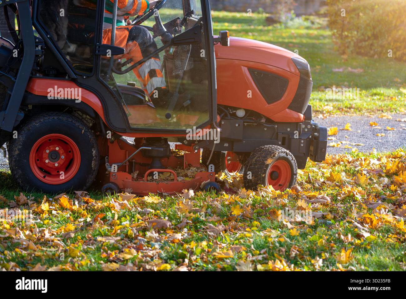 Entfernen der Blätter mit einem Aufsitzmäher in einem öffentlichen Park Stockfoto