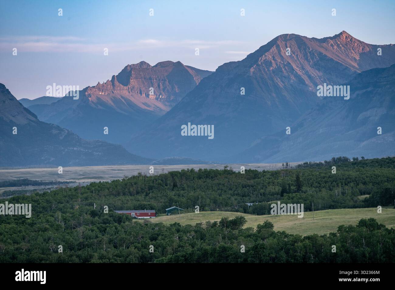 Majestätische Berge mit grünem Wald und Feldern bei Sonnenuntergang unter einem klaren Himmel. Waterton Lakes National Park, Alberta, Kanada Stockfoto