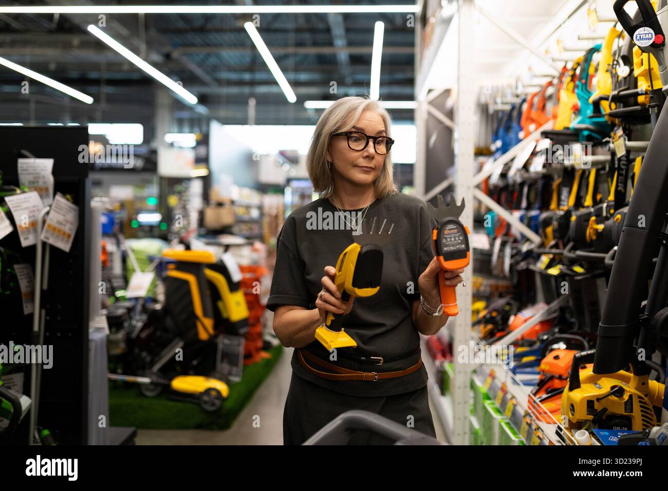 Frau, die in einem großen Einzelhandelsgeschäft Gartenwerkzeuge kauft, konzentriert sich auf die Verbesserung von Wohnräumen und Outdoor-Zubehör Stockfoto