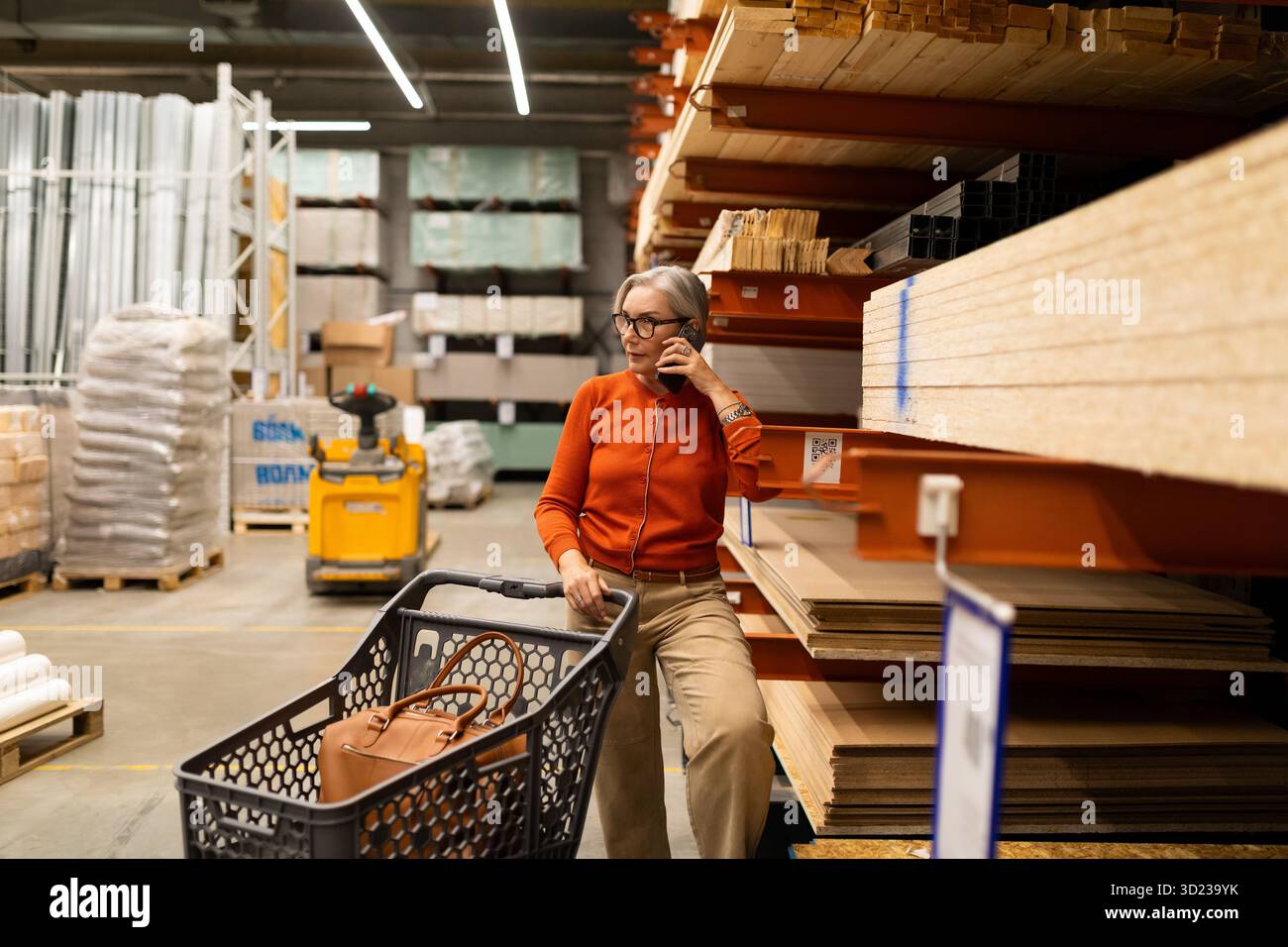 Frau, die in einem großen Eisenwarengeschäft mit verschiedenen Abteilungen Nachschub sucht Stockfoto