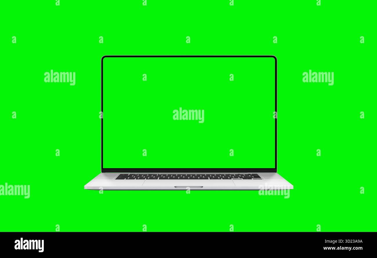 Laptop mit grünem Chroma-Bildschirm für visuelle Effekte, Videobearbeitung, digitale Mockups und kreative Postproduktionsstudios Stockfoto
