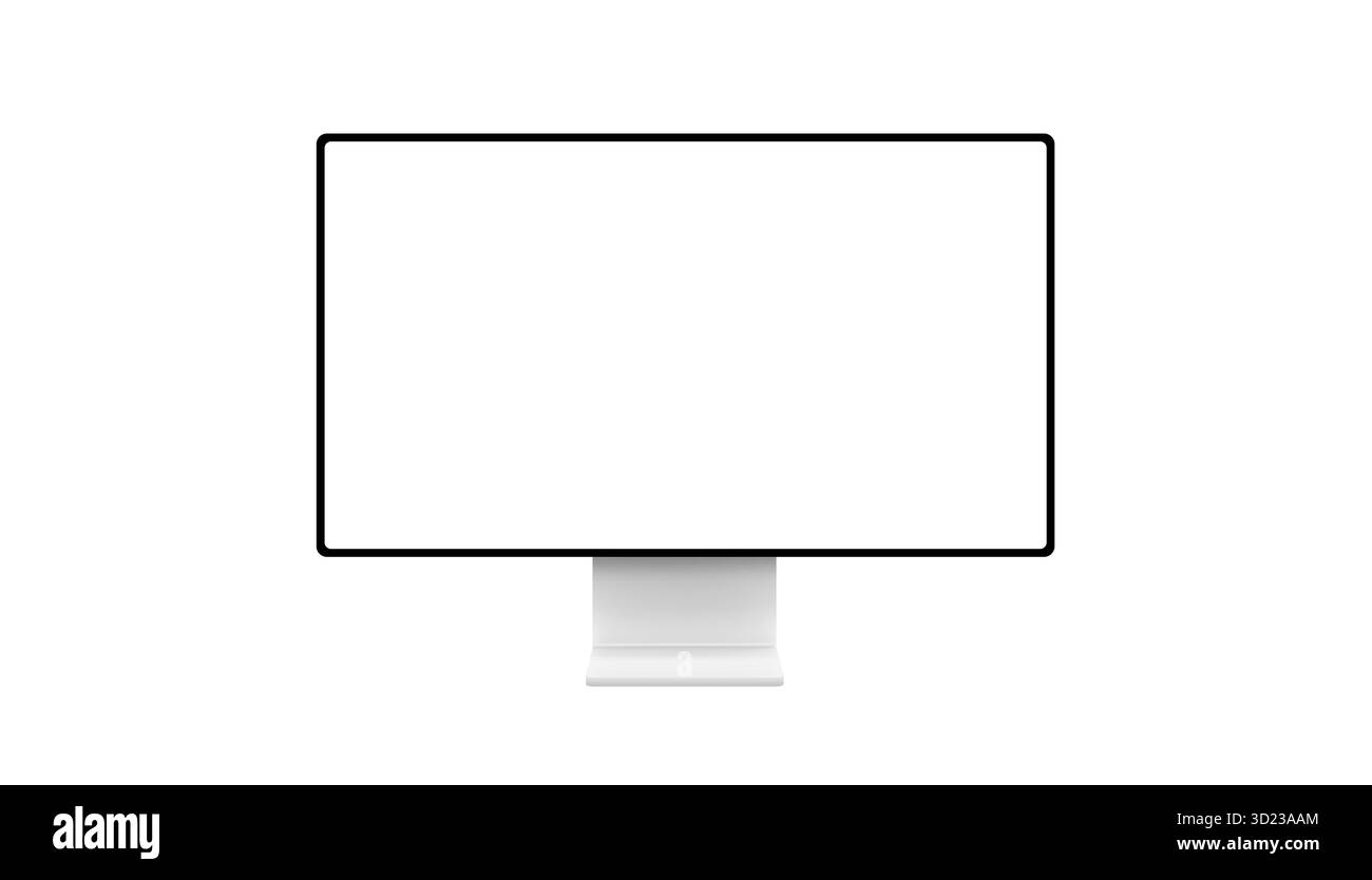 Breiter Computermonitor mit leerem weißen Bildschirm, ideal für Webdesign, Produktanzeige oder digitale Mockups auf sauberem Studiohintergrund Stockfoto