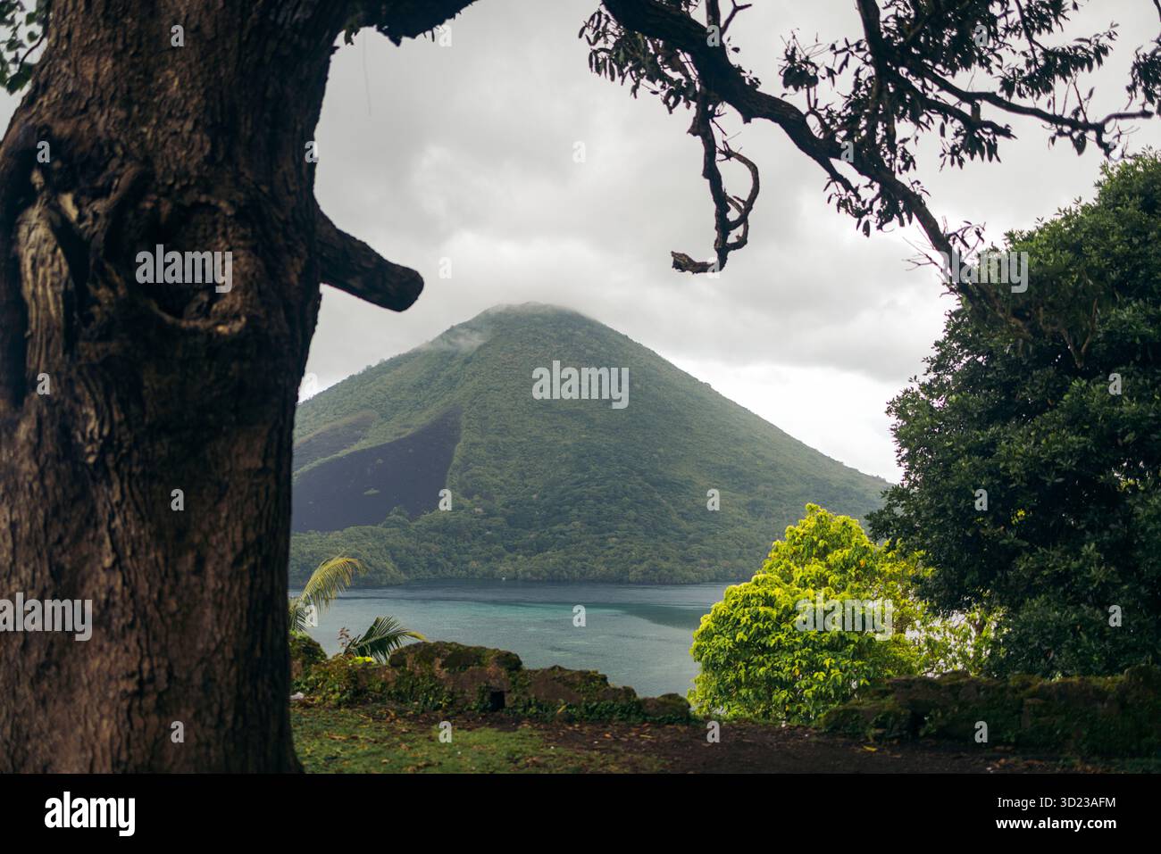 Üppig grüne Insel mit vulkanischen Bergen und tropischen Bäumen an einem bewölkten Tag. Banda Neira, Banda, Zentral-Maluku, Indonesien Stockfoto