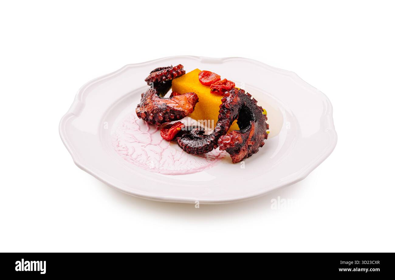 Exquisites Tintenfisch-Gericht mit Mango und Sauce auf einem weißen Teller Stockfoto