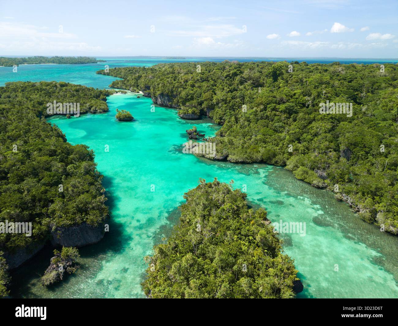 Aus der Vogelperspektive auf eine türkisfarbene Lagune, die sich durch üppige grüne tropische Wälder und kleine Inseln schlängelt. Pulau Bair oder Bair Island in Kei Kecil, Südosten Maluku Regency, Indonesien Stockfoto