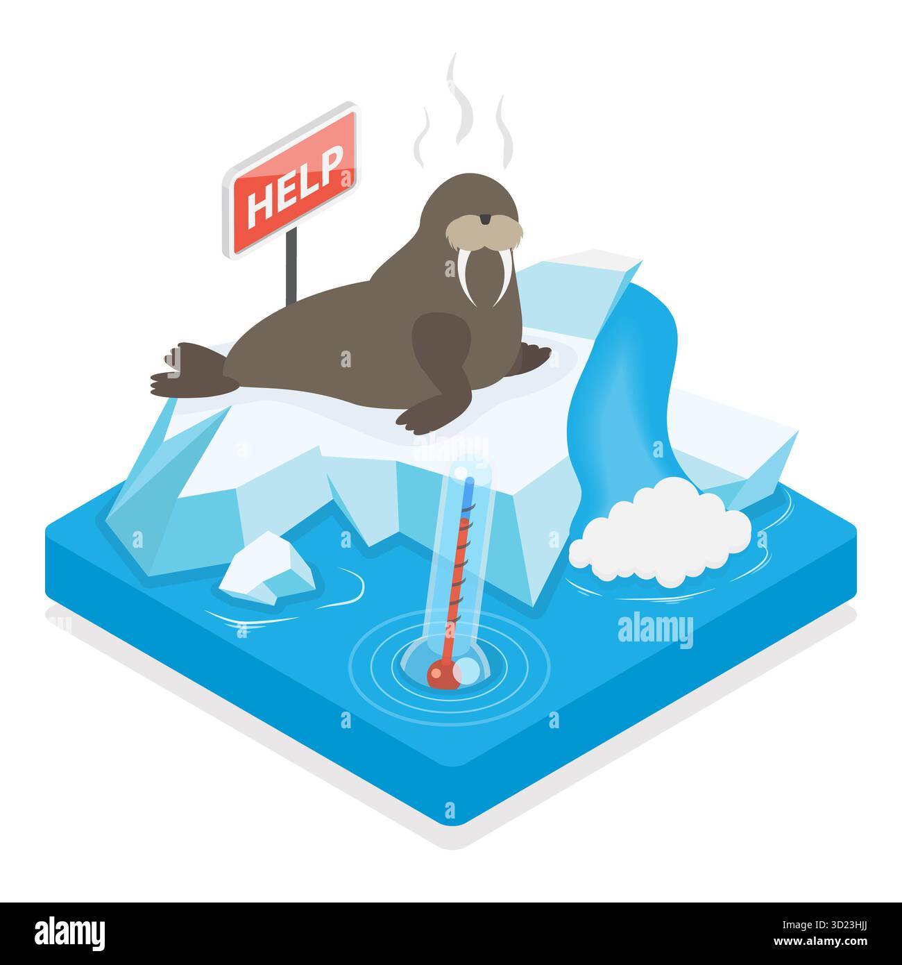 Isometrische flache 3D-Illustration der globalen Erwärmung, des Eisschmelzens, des Weltklimas. Punkt 3 Stockfoto