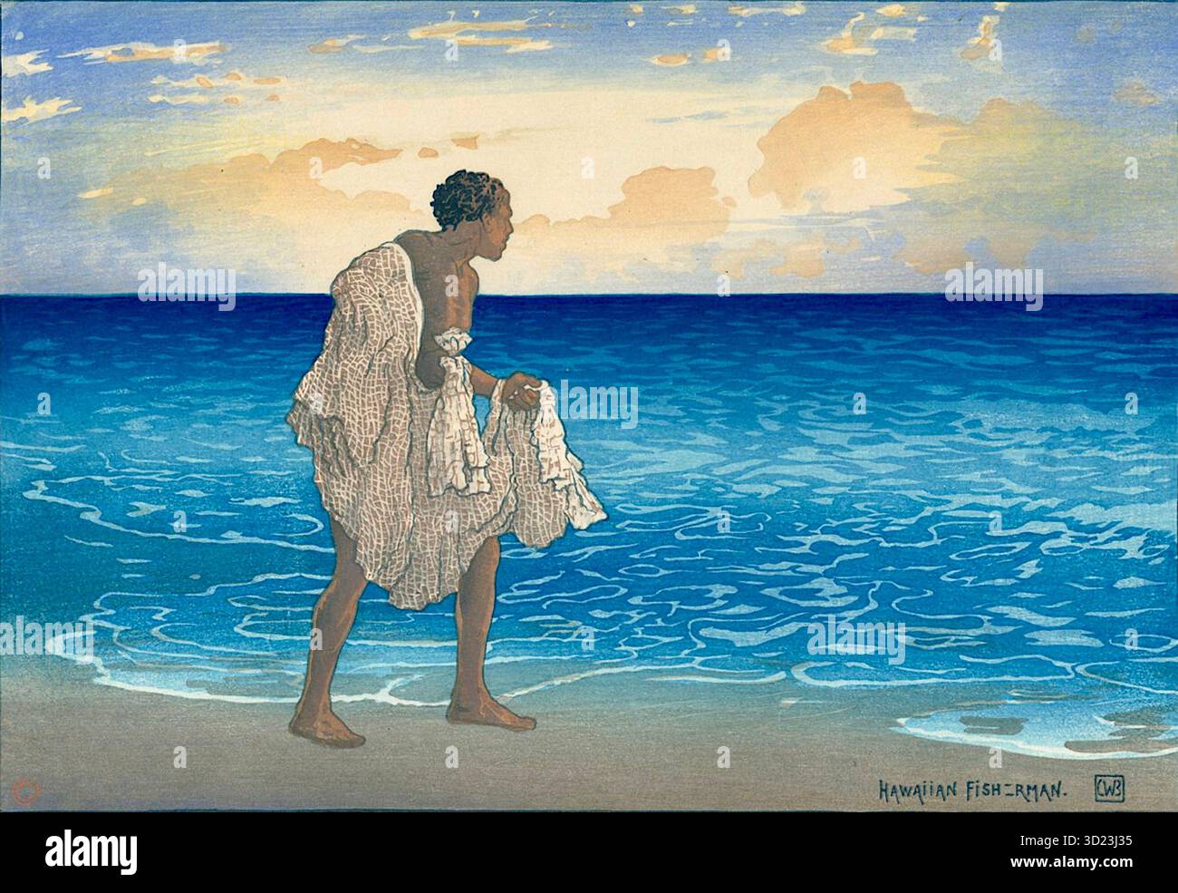 Charles William Bartlett – Hawaiian Fisherman (oder Hawaiian Fisherman Casting His Net) – 1919 – das Kunstwerk zeigt einen hawaiianischen Mann an einem Sandstrand, der ein Netz hält und sich darauf vorbereitet, es in den Ozean zu werfen. Betrifft: Die zentrale Figur ist ein Fischer, der in einem Moment der Vorfreude mit einem Netz in der Hand gefangen ist. Setting: Er steht an der Küste, wo die Wellen auf den Sand treffen, mit dem riesigen blauen Ozean, der sich vor ihm ausdehnt. Der Himmel ist mit einer Mischung aus Blau/Gelb-Orange-Tönen dargestellt, die entweder auf Morgen- oder Abenddämmerung hinweisen. Das Werk ist ein farbiger Holzschnitt, für den Bartlett bekannt war. Stockfoto