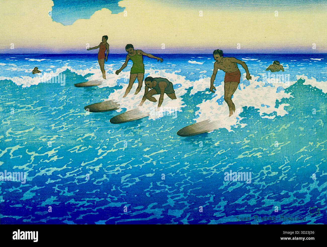 Charles William Bartlett – Surf Riders – 1919 – das um 1919 entstandene Kunstwerk zeigt fünf Surfer im Wasser in Honolulu, Hawaii. Bartlett ist bekannt für seine Arbeit als Maler und Printmaker, der sich in Hawaii niederließ. Stockfoto