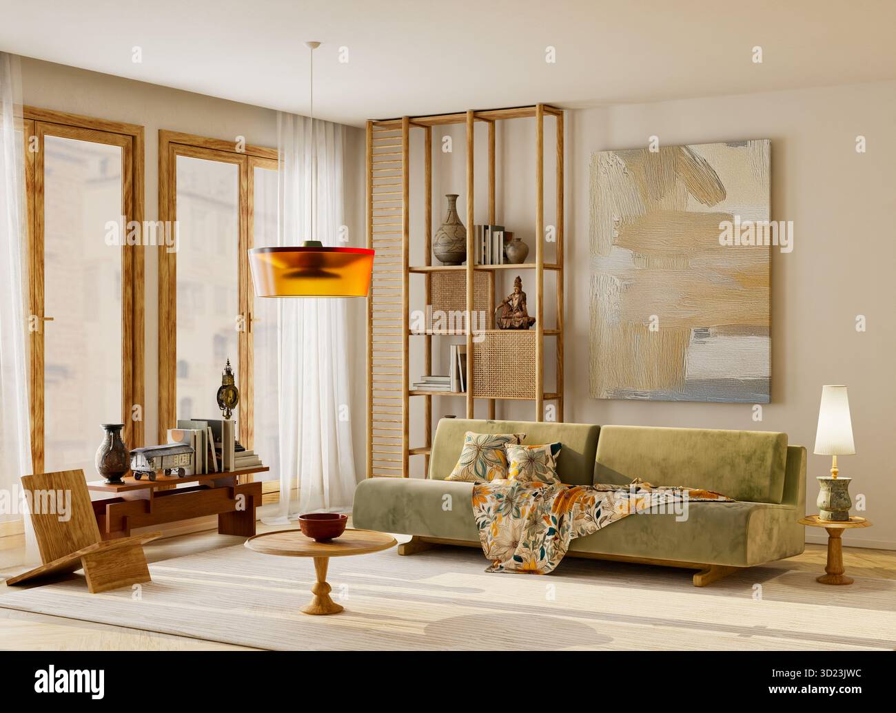 Helles Japandi Wohnzimmer mit sanfter Farbpalette, strukturierten Wandbildern und großzügigem Negativraum, ideal für Kopier- oder Branding. 3D-Illus Stockfoto