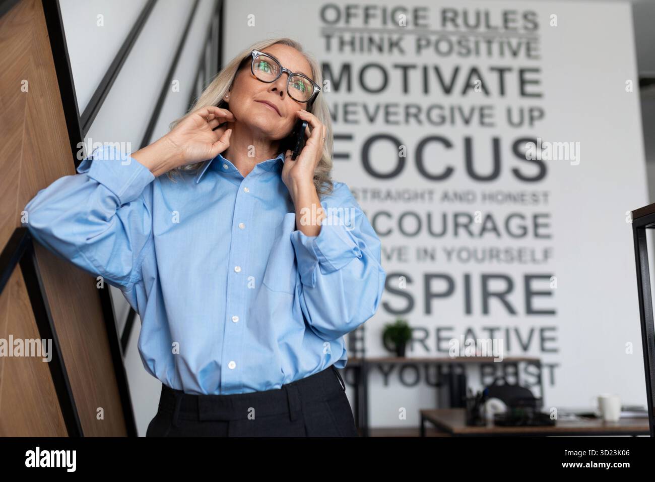 Ältere Geschäftsfrau mittleren Alters in einem klassischen blauen Hemd spricht im Büro über ein Mobiltelefon, Grundsätze und Regeln Stockfoto