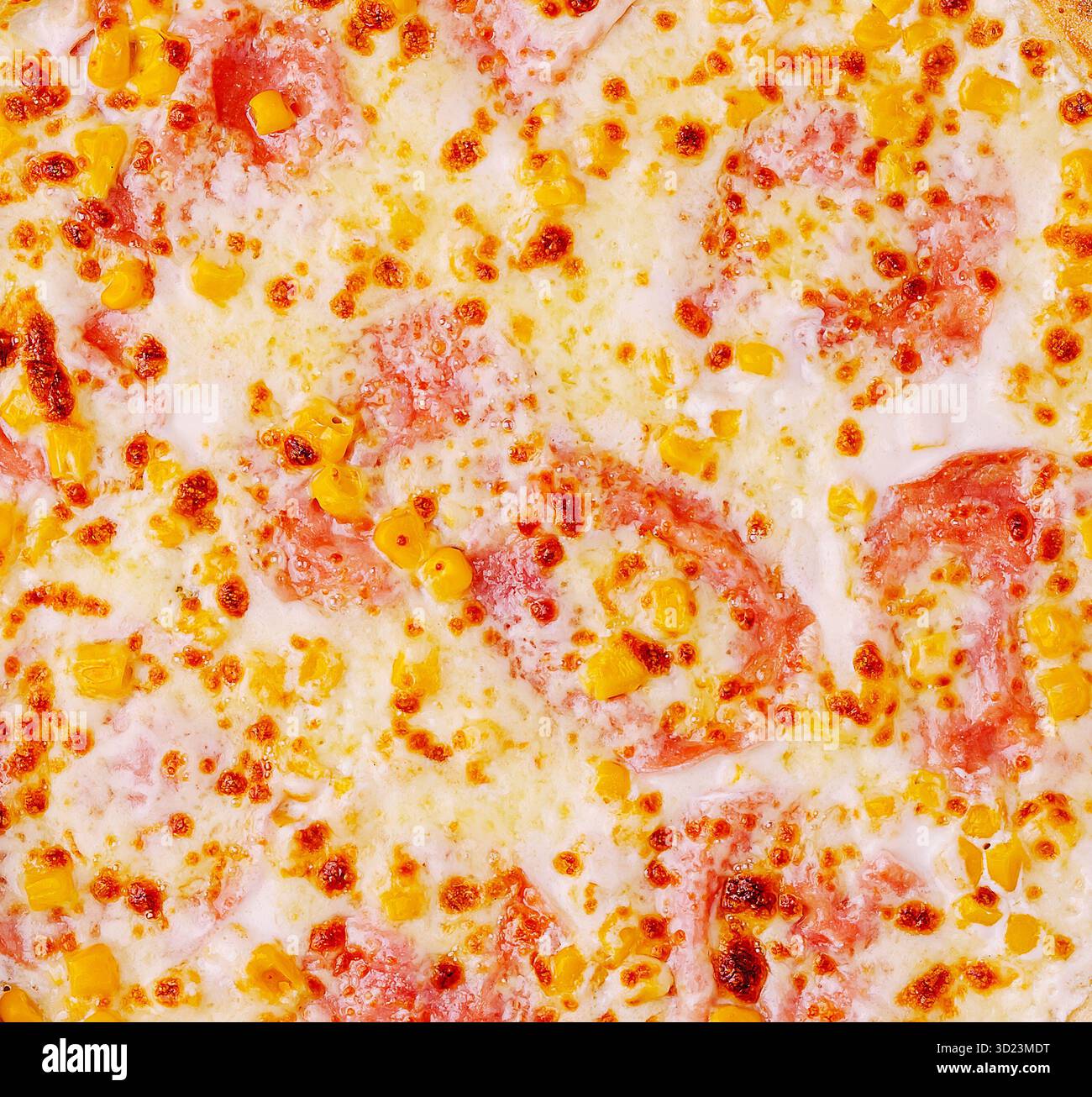 Frisch gebackene Pizza mit Käse und Peperoni auf einem Holztisch Stockfoto