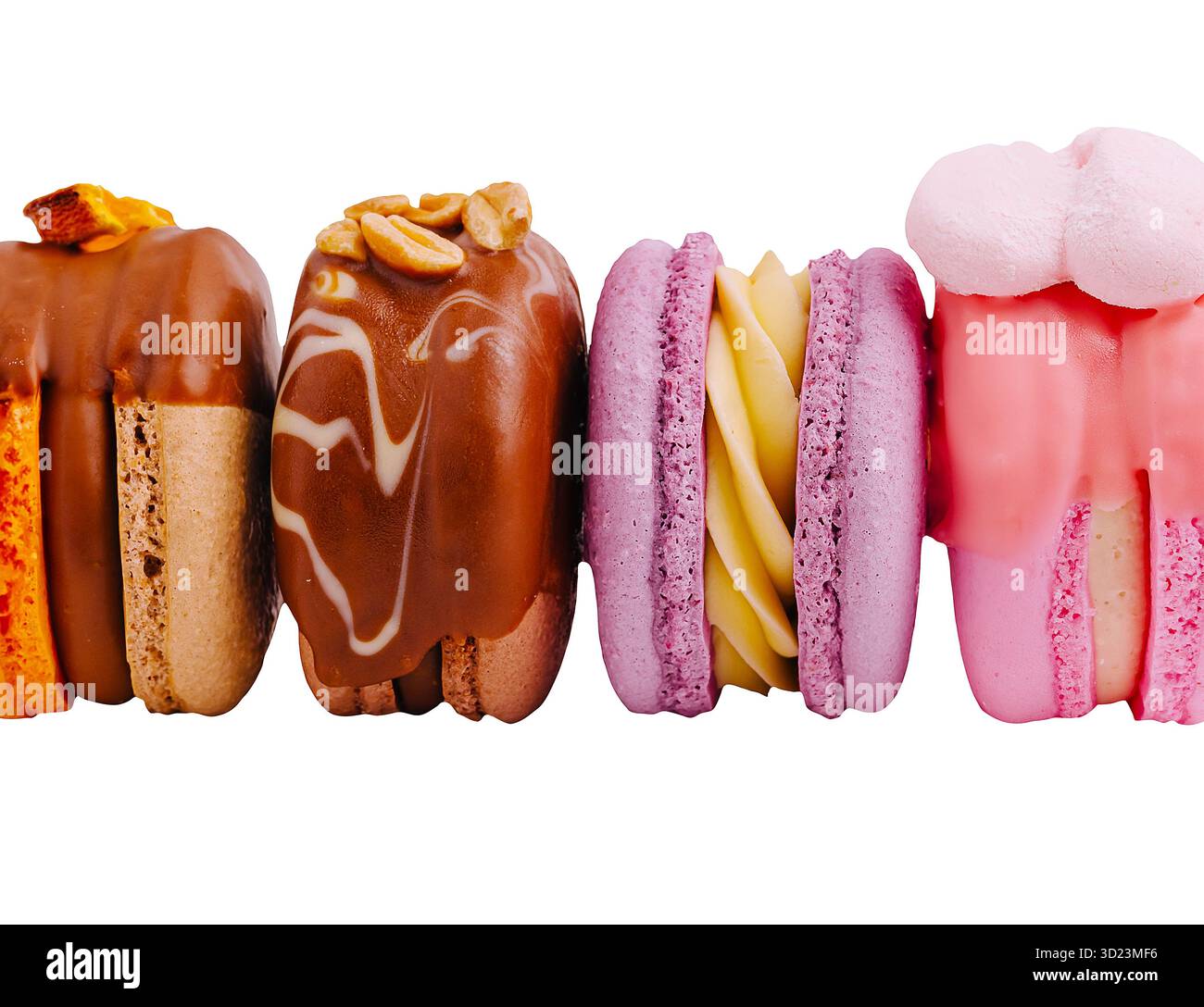 Köstliche verschiedene Macarons in leuchtenden Farben für einen süßen Leckerbissen Stockfoto