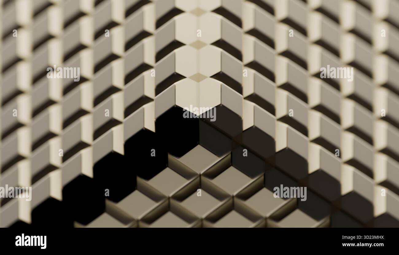 Abstraktes geometrisches Muster mit überlappenden 3D-Würfeln in neutralen Farben. Abbildung, Rendering Stockfoto