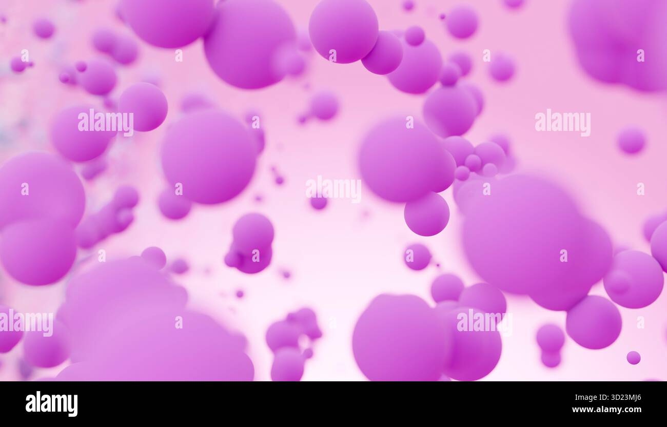 Schwebende violette Kugeln in einem abstrakten Hintergrund mit weichem Fokus. Abbildung, Rendering Stockfoto