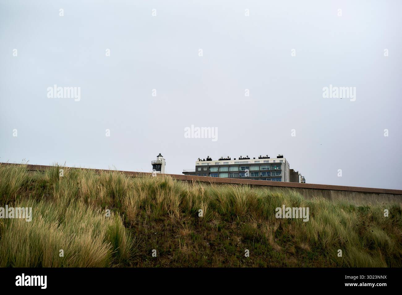 Leuchtturm und modernes Gebäude hinter grasbewachsenen Dünen unter bewölktem Himmel. Blankenberge, Westflandern, Belgien Stockfoto