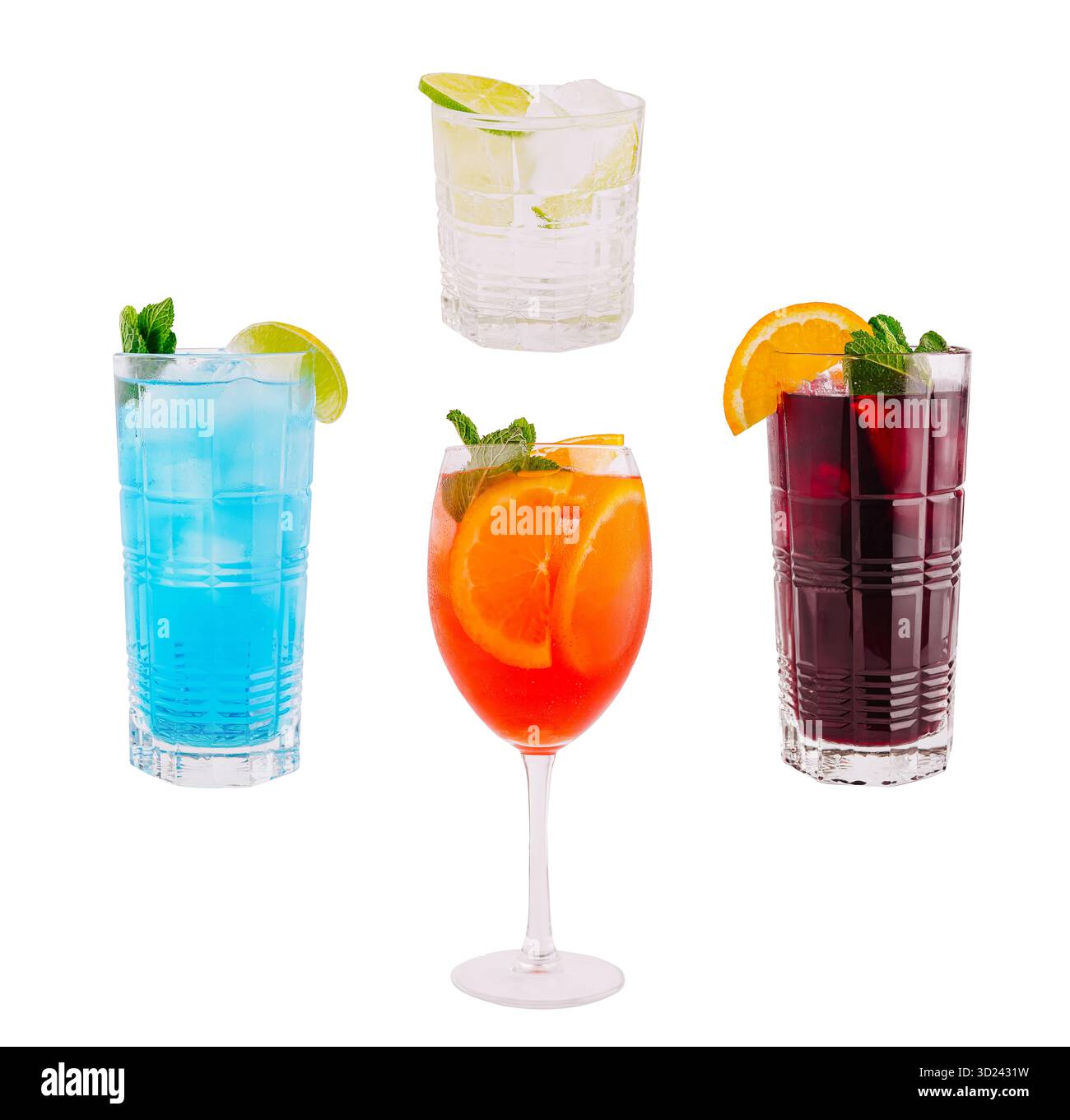 Farbenfrohe Cocktails auf weißem Hintergrund mit Beilagen Stockfoto