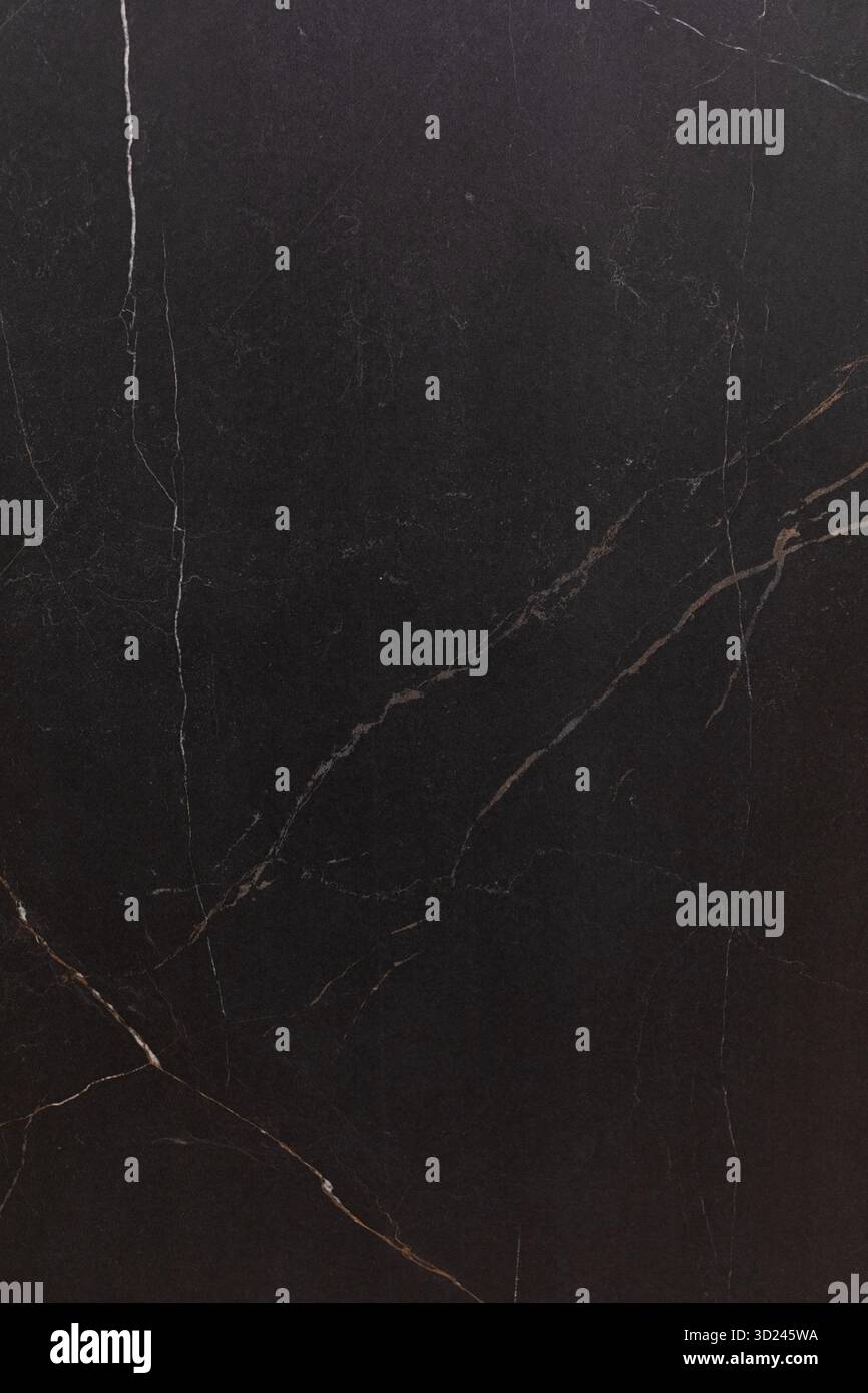 Dunkle Marmoroberfläche mit komplizierten Aderenmustern, die die Ästhetik der modernen Inneneinrichtung verbessern Stockfoto