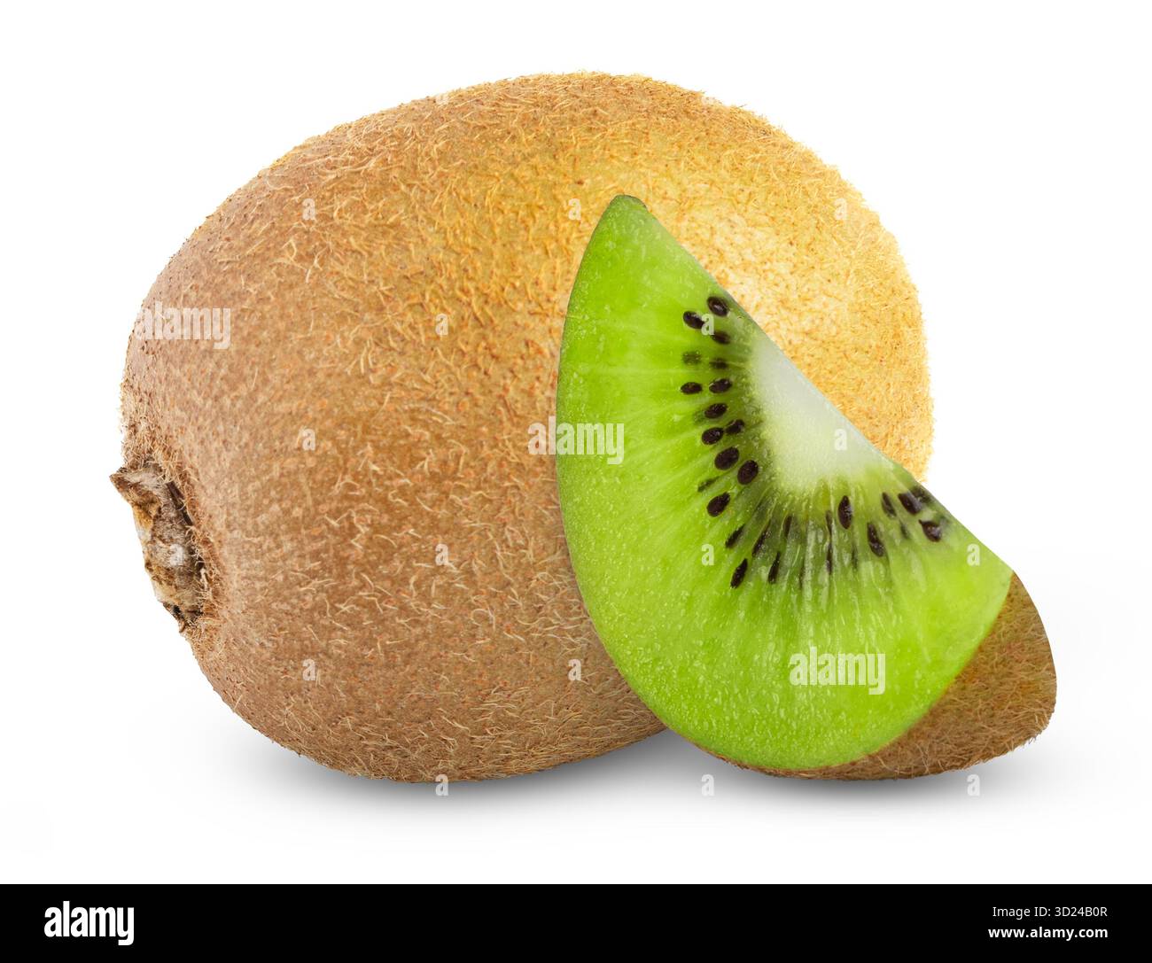 Ganze Kiwis und eine grüne Scheibe isoliert. Kiwis mit Beschneidungspfad. Stockfoto