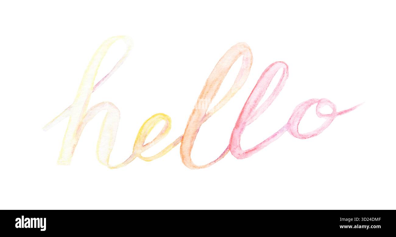 Farbenfrohe Aquarellfarbe Hallo-Text in Pastelltönen auf weißem Hintergrund Stockfoto